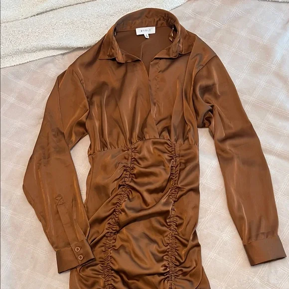 Mable Brown Satin Rouched Mini Dress Size Small - Picture 2 of 7